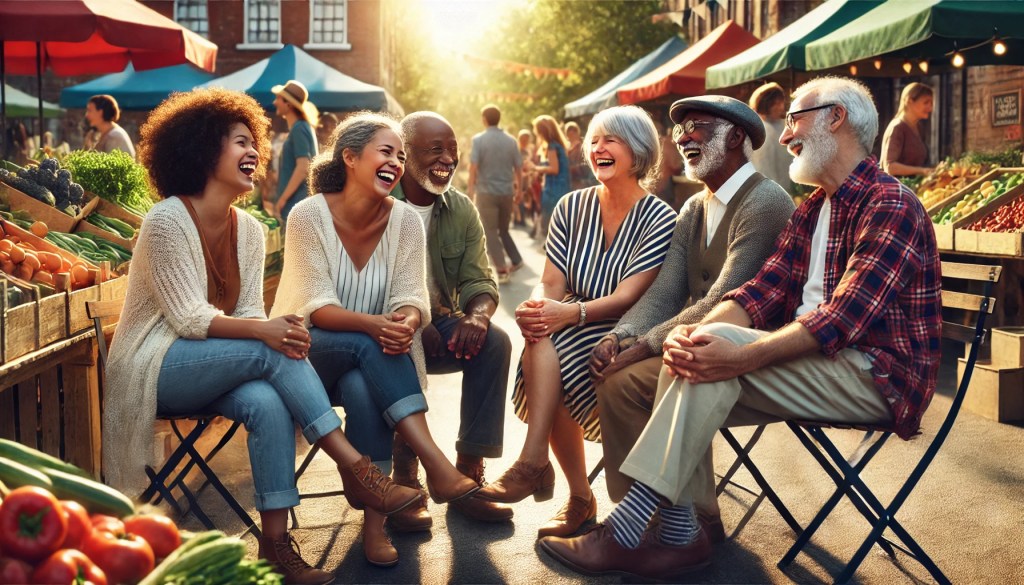 A picture of widowed men and women sitting at a famers market talking, supporting each other and laughting. 